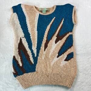 Kera & Co Vintage Women's Sleeveless Sweater Size Large Art Style 1980 Tan Blue